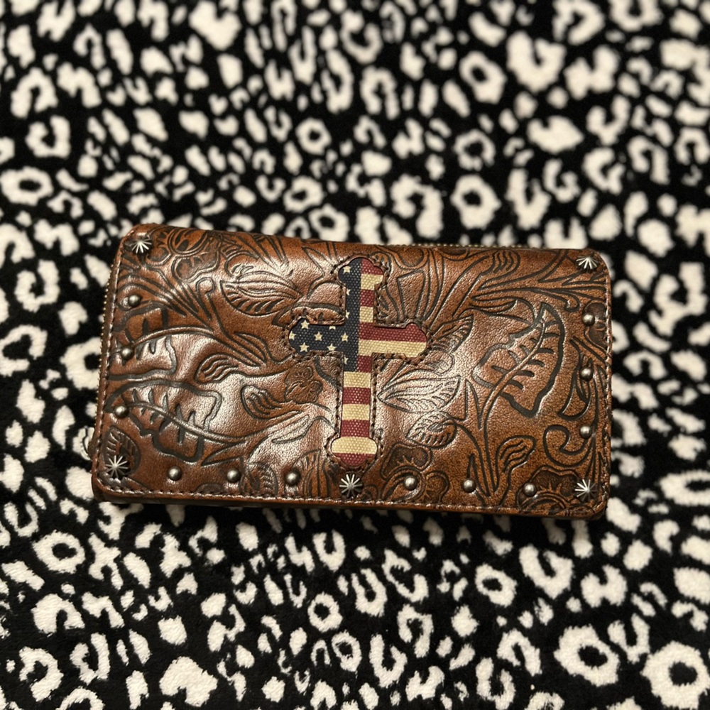 Shyanne Brown Leather Wallet/Wristlet with Cross Cut Out & American Flag Fabric.
